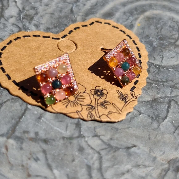 Elegant Multicolor Gemstone Square Earrings - Picture 2 of 4